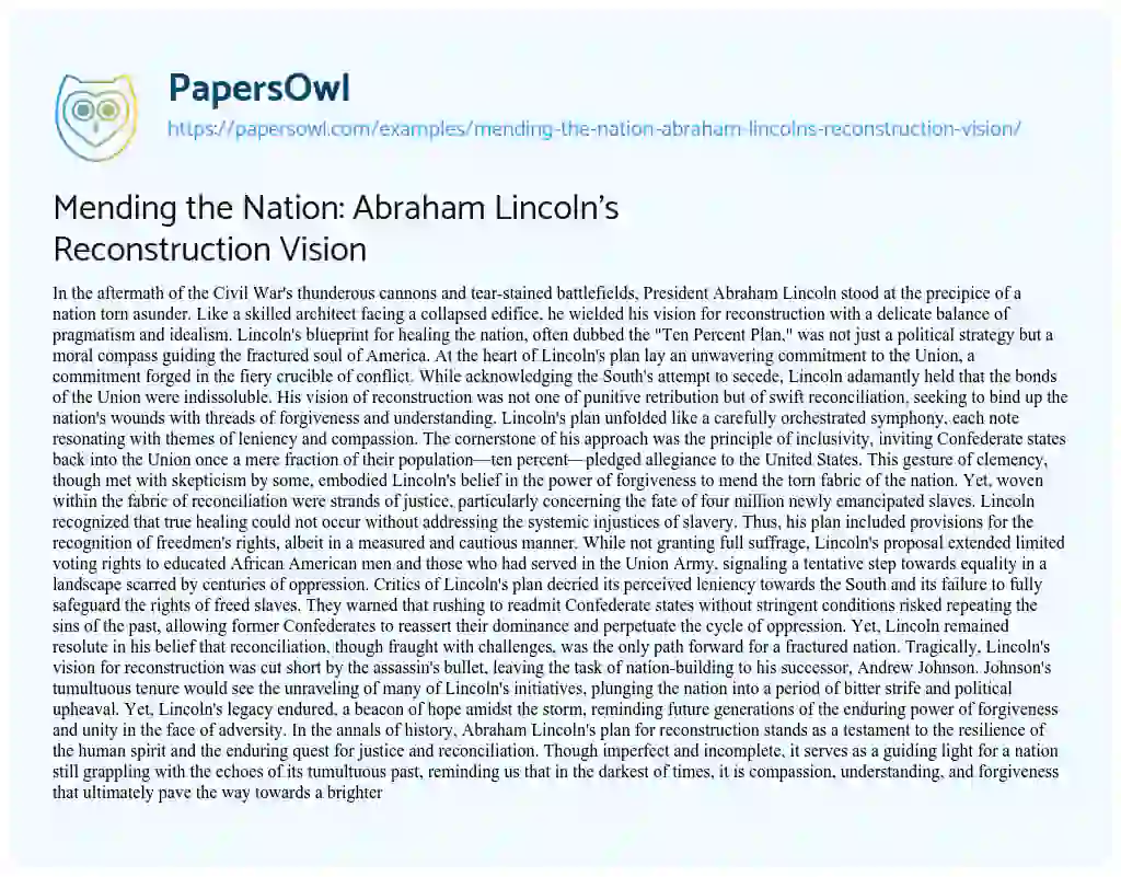 Essay on Mending the Nation: Abraham Lincoln’s Reconstruction Vision