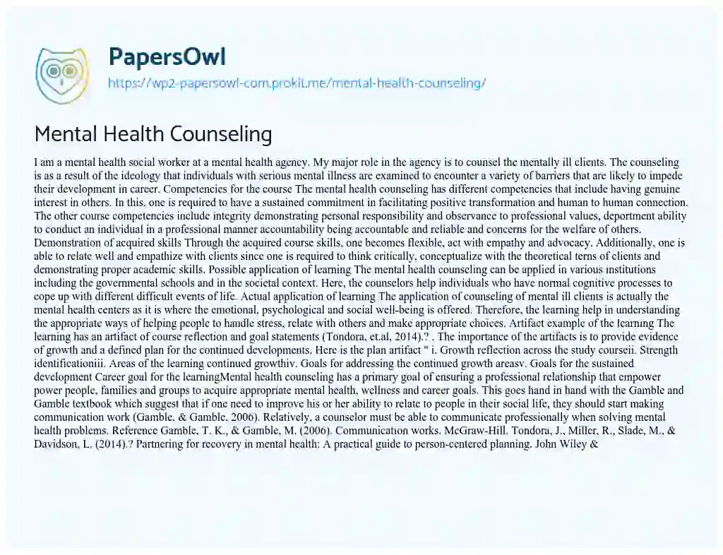 Essay on Mental Health Counseling