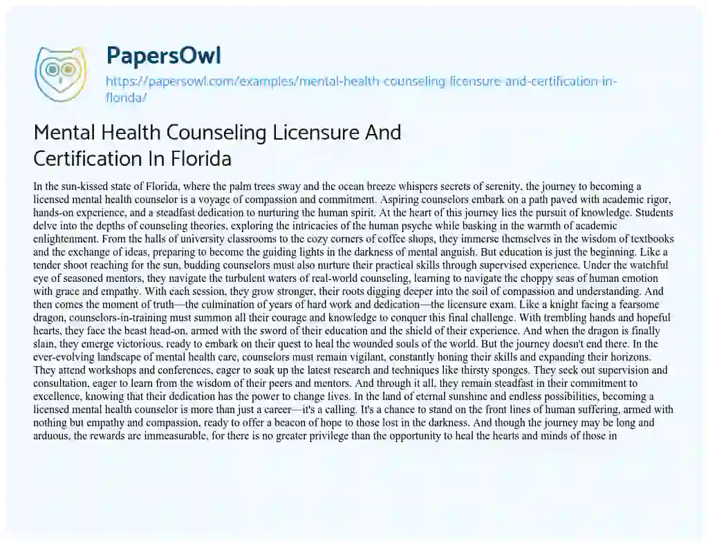 Essay on Mental Health Counseling Licensure and Certification in Florida