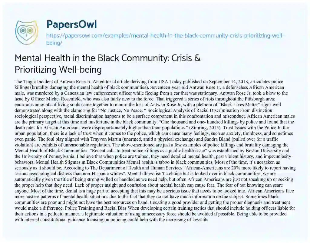 Essay on Mental Health in the Black Community: Crisis & Prioritizing Well-being