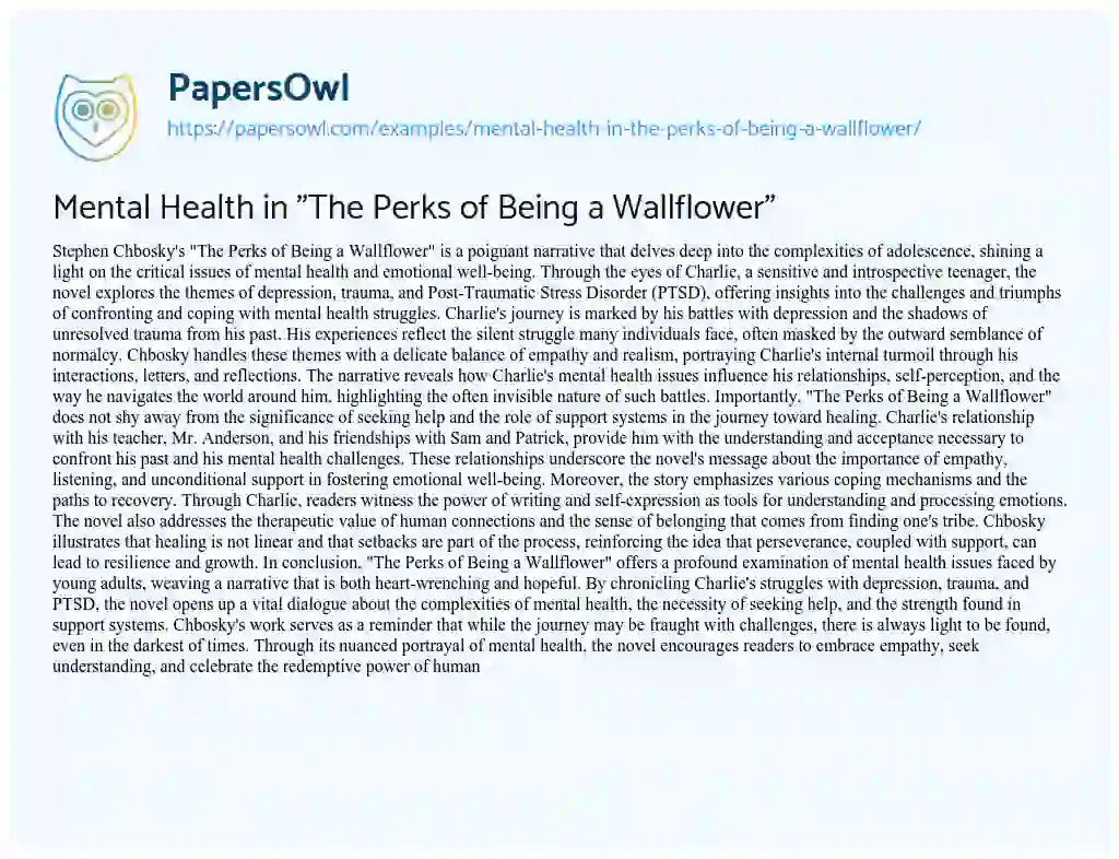 Essay on Mental Health in “The Perks of being a Wallflower”
