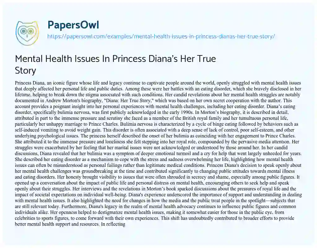 Essay on Mental Health Issues in Princess Diana’s her True Story