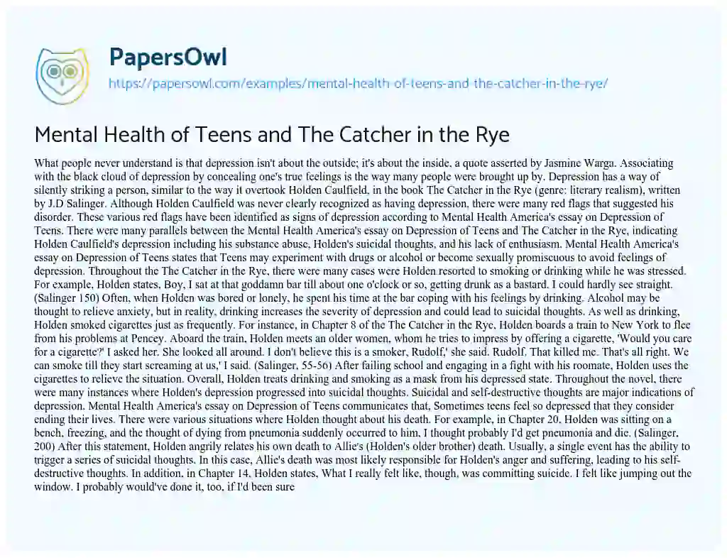 Essay on Mental Health of Teens and the Catcher in the Rye