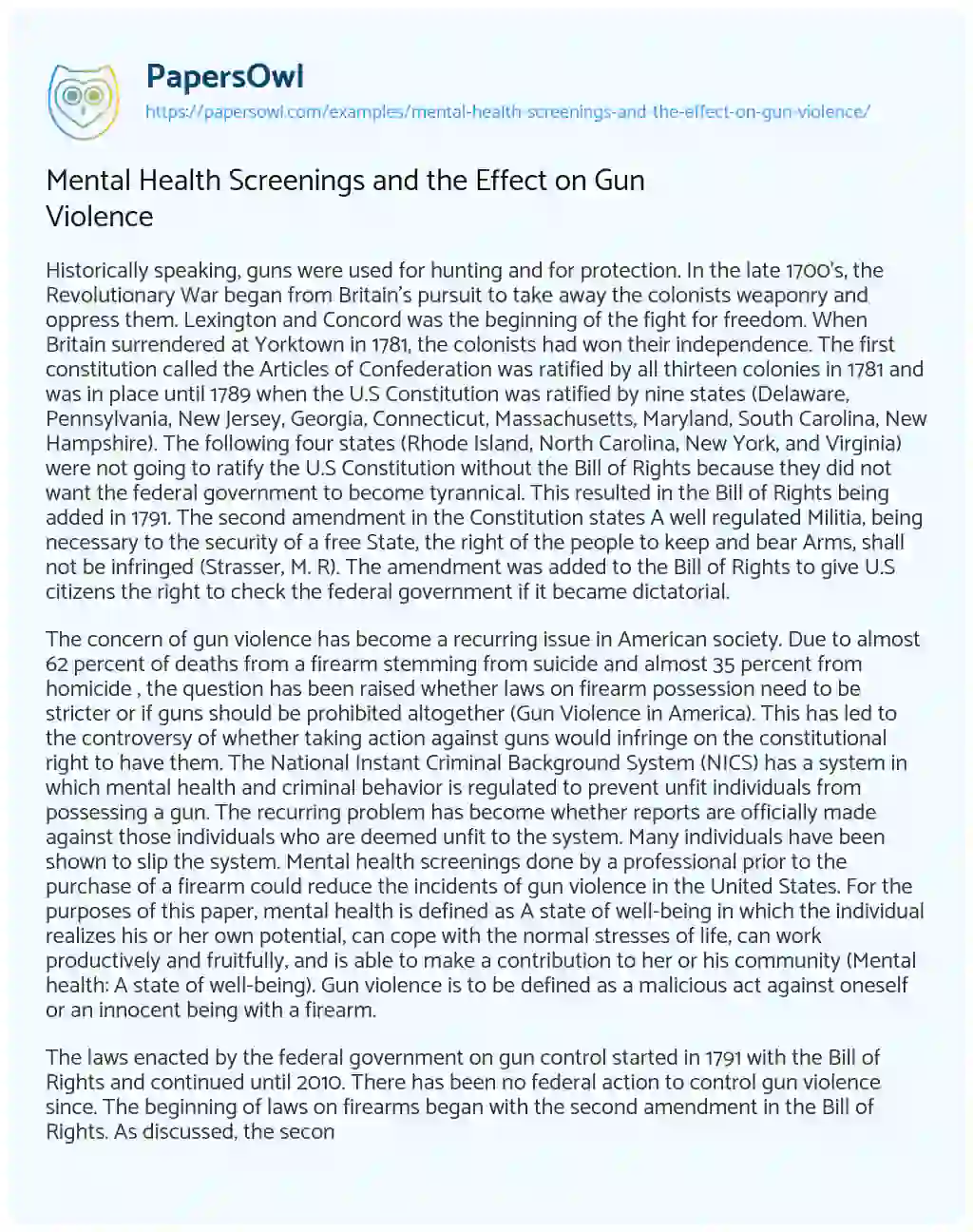 Essay on Mental Health Screenings and the Effect on Gun Violence