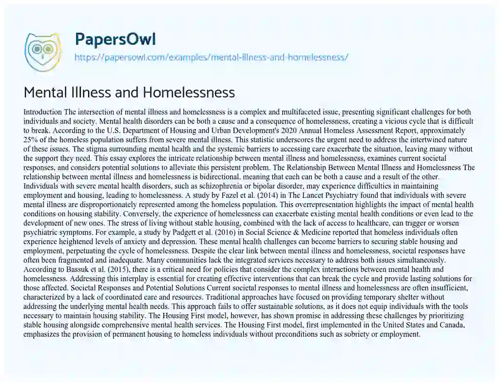 Essay on Mental Illness and Homelessness