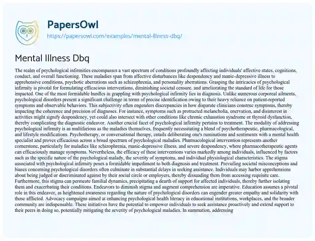 Mental Illness Dbq - Free Essay Example - 530 Words | PapersOwl.com