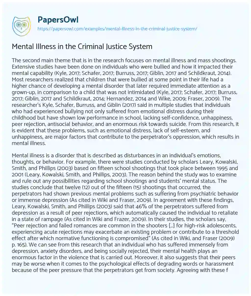 Essay on Mental Illness in the Criminal Justice System