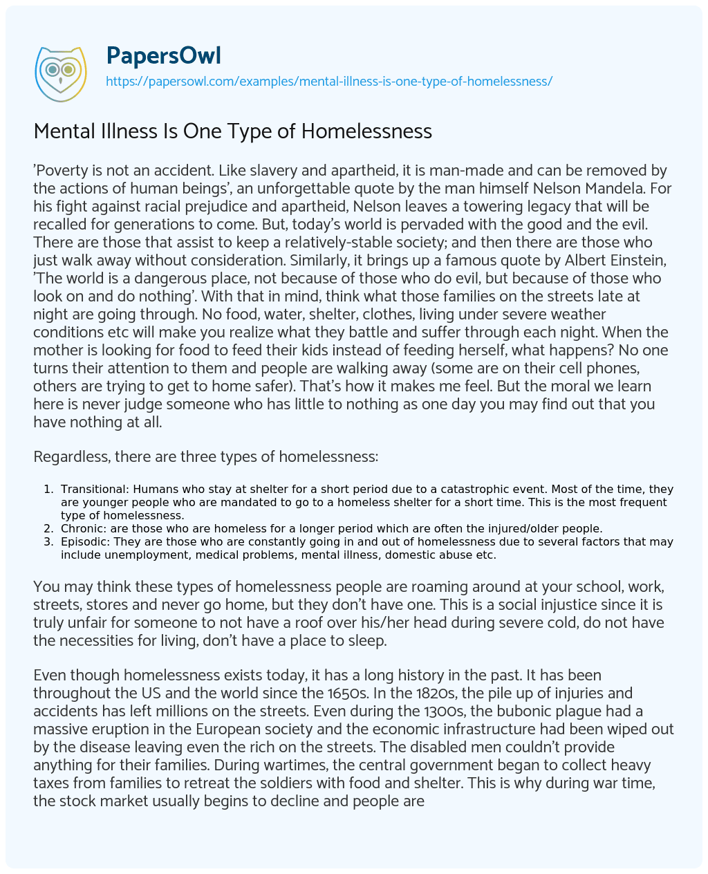 Essay on Mental Illness is One Type of Homelessness