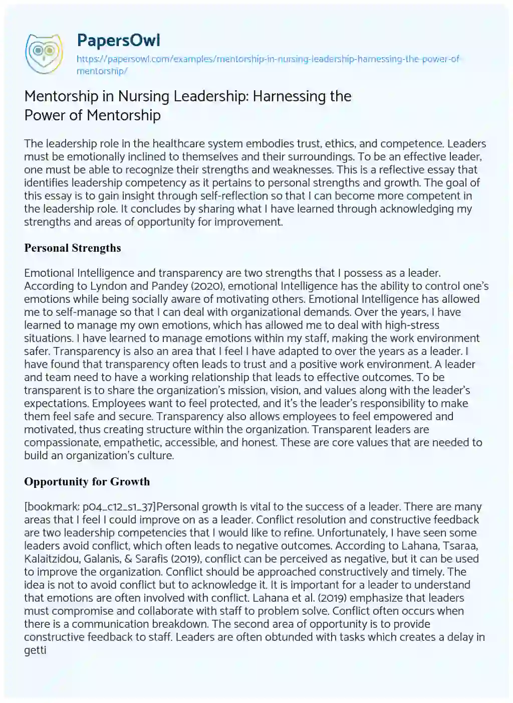 Essay on Mentorship in Nursing Leadership: Harnessing the Power of Mentorship