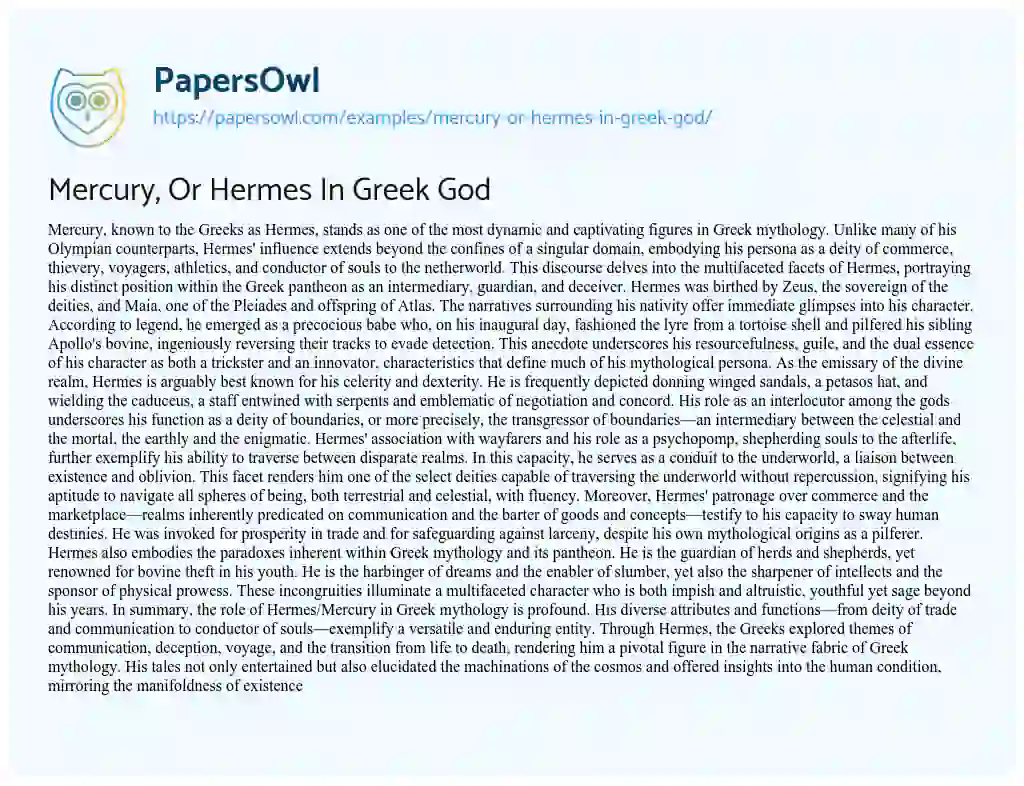 Essay on Mercury, or Hermes in Greek God