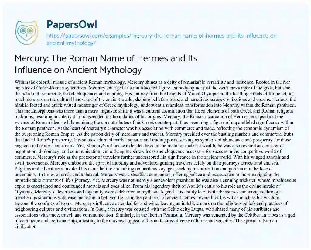 Essay on Mercury: the Roman Name of Hermes and its Influence on Ancient Mythology