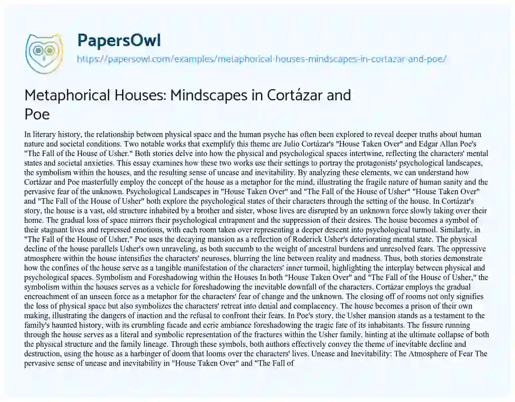 Essay on Metaphorical Houses: Mindscapes in Cortázar and Poe