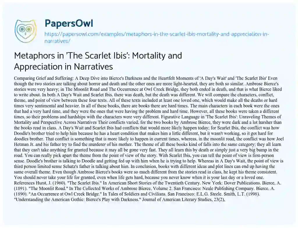 Essay on Metaphors in ‘The Scarlet Ibis’: Mortality and Appreciation in Narratives