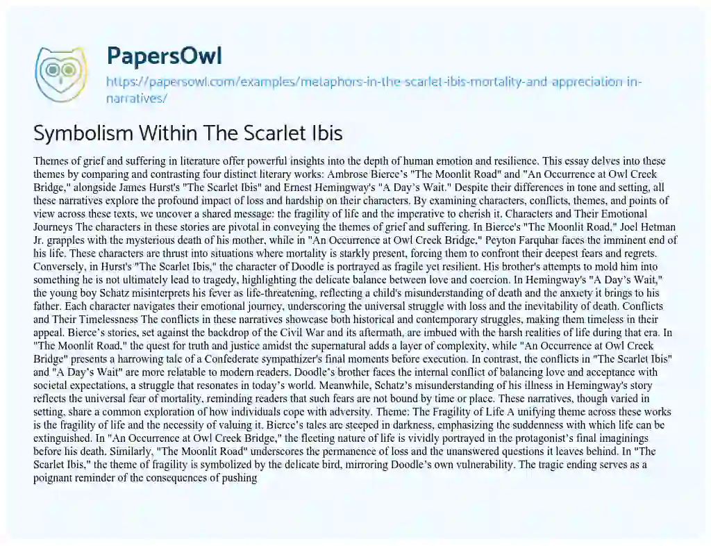 Essay on Metaphors in ‘The Scarlet Ibis’: Mortality and Appreciation in Narratives