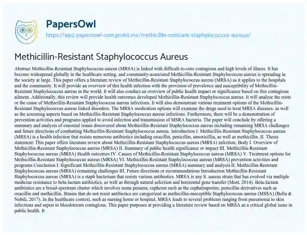 Methicillin-Resistant Staphylococcus Aureus essay