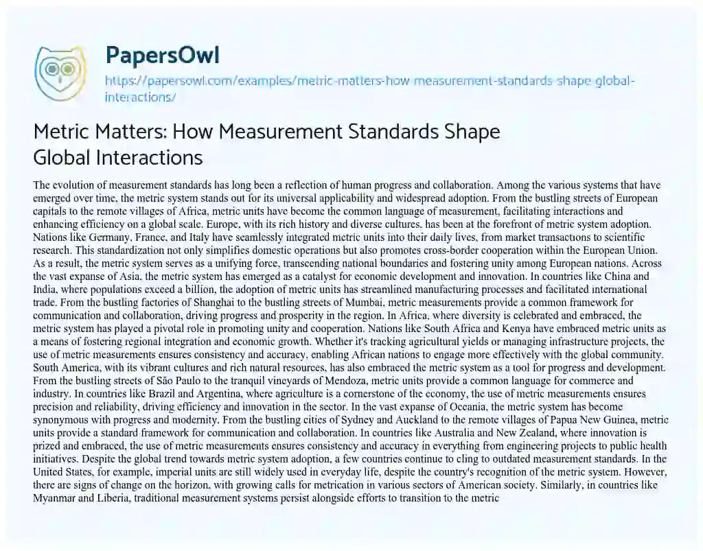 Essay on Metric Matters: how Measurement Standards Shape Global Interactions