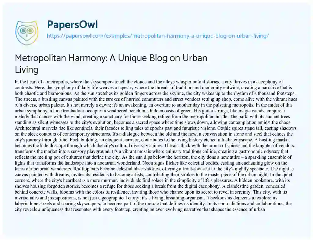 Essay on Metropolitan Harmony: a Unique Blog on Urban Living
