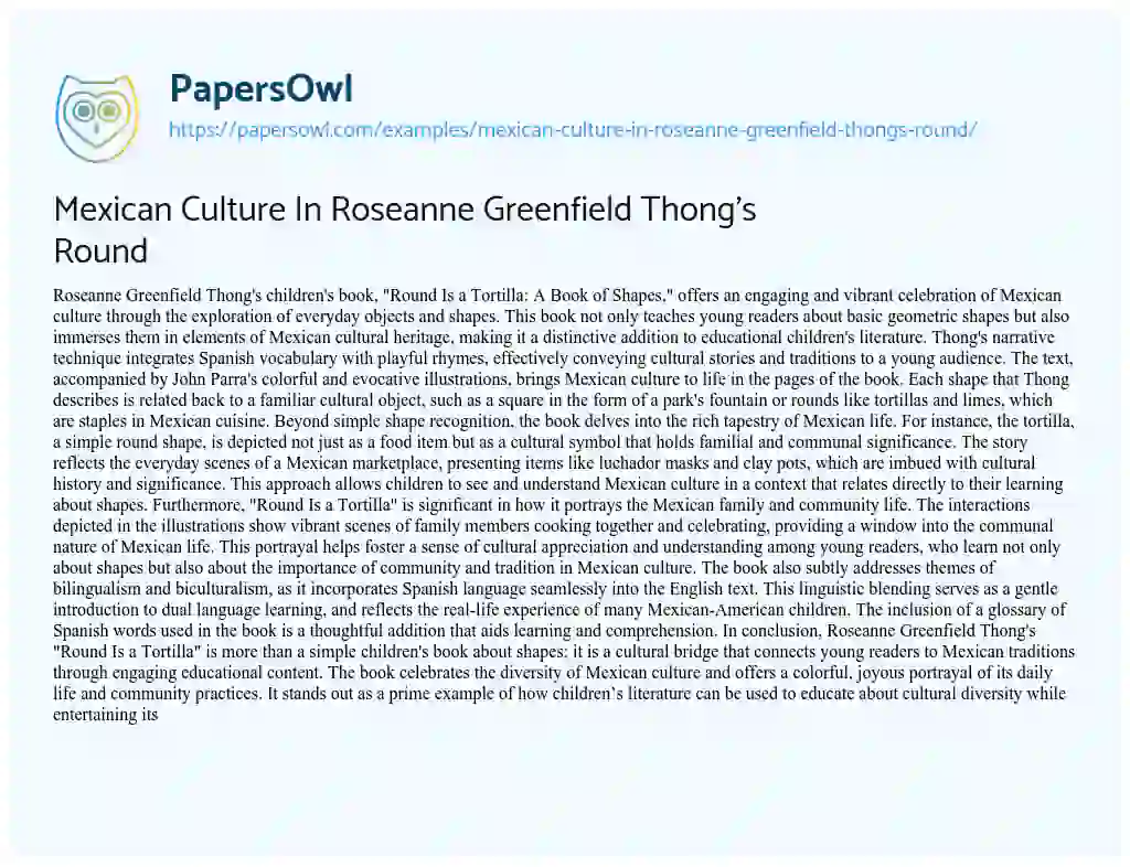 Essay on Mexican Culture in Roseanne Greenfield Thong’s Round