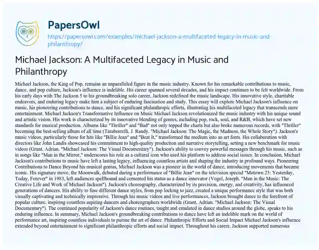 Essay on Michael Jackson: A Multifaceted Legacy in Music and Philanthropy