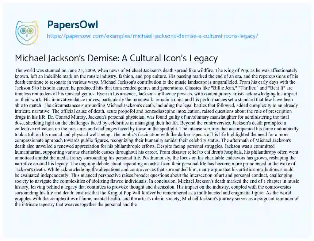 Essay on Michael Jackson’s Demise: a Cultural Icon’s Legacy