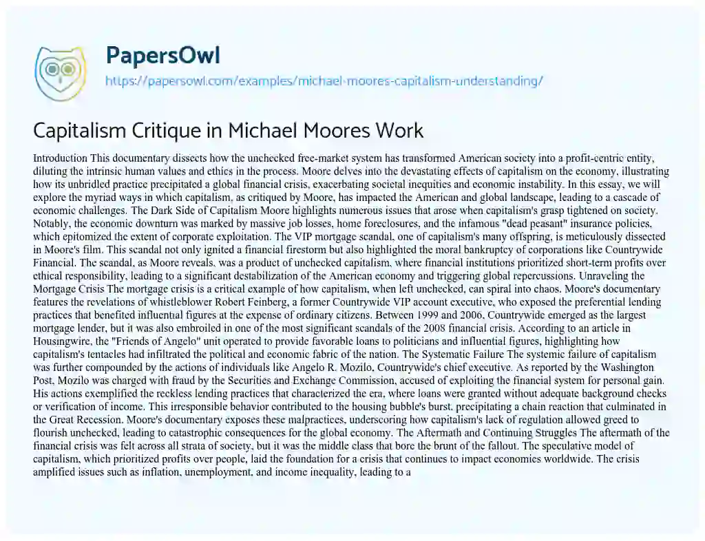 Essay on Michael Moore’s Capitalism Understanding