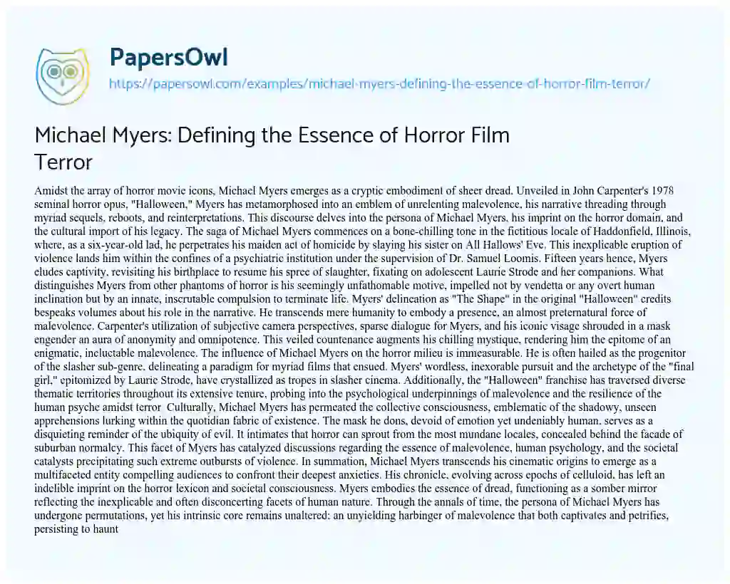 Essay on Michael Myers: Defining the Essence of Horror Film Terror