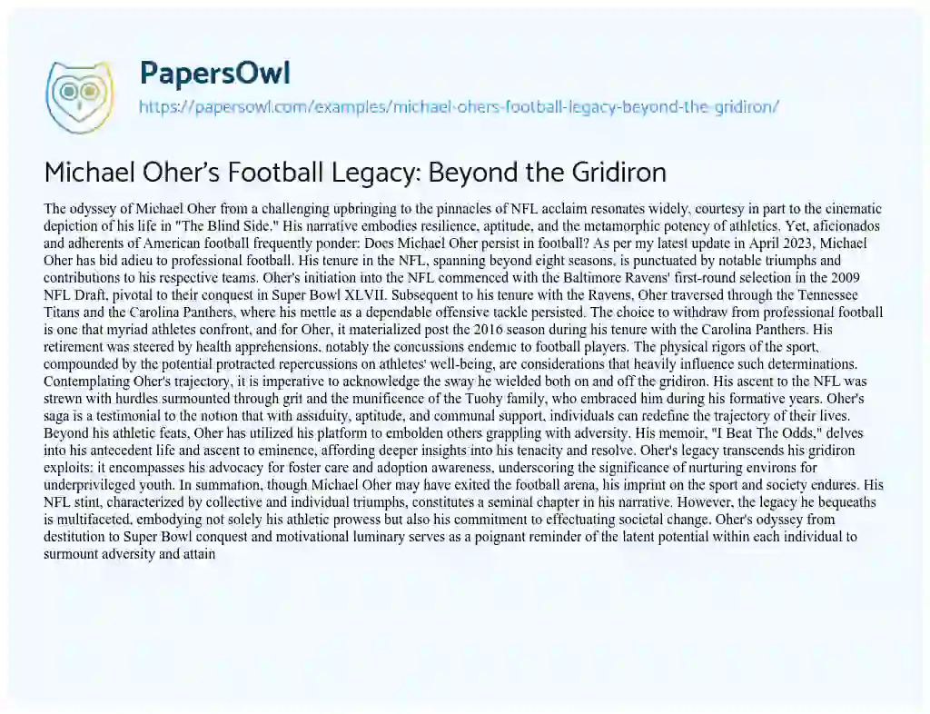 Essay on Michael Oher’s Football Legacy: Beyond the Gridiron
