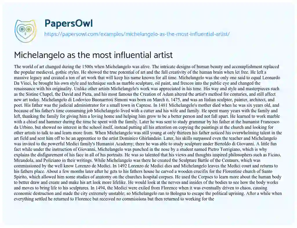 Essay on Michelangelo as the most Influential Artist