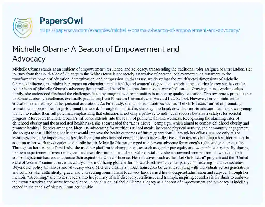 Essay on Michelle Obama: a Beacon of Empowerment and Advocacy