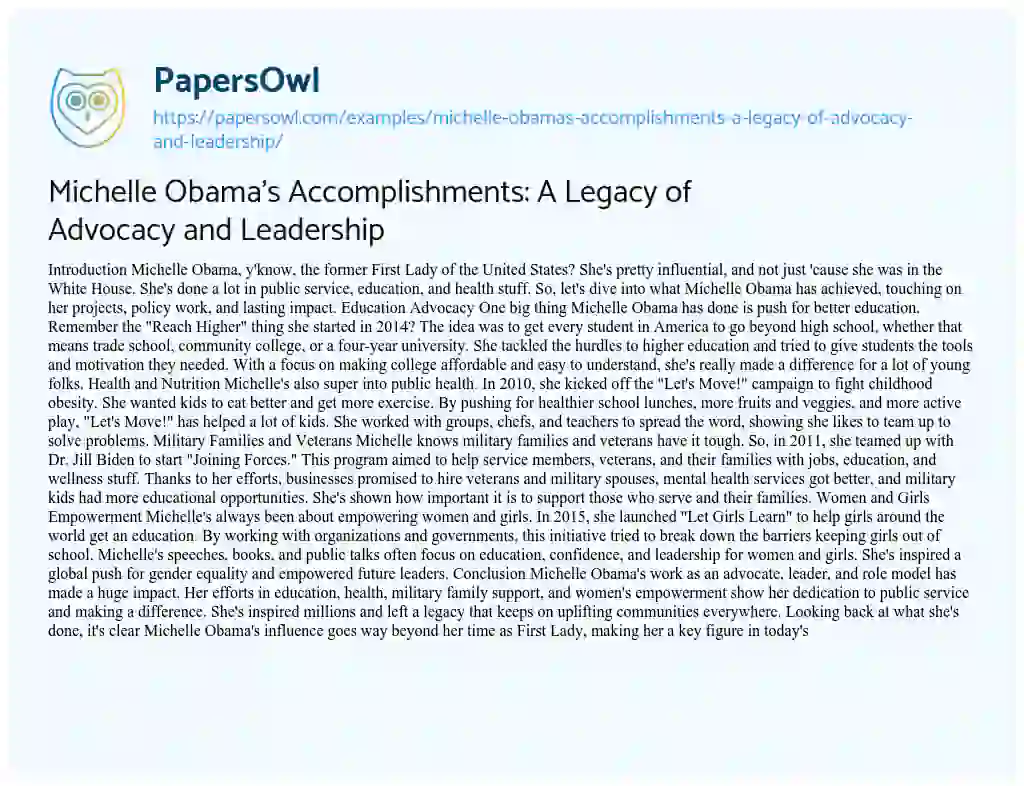 Essay on Michelle Obama’s Accomplishments: a Legacy of Advocacy and Leadership