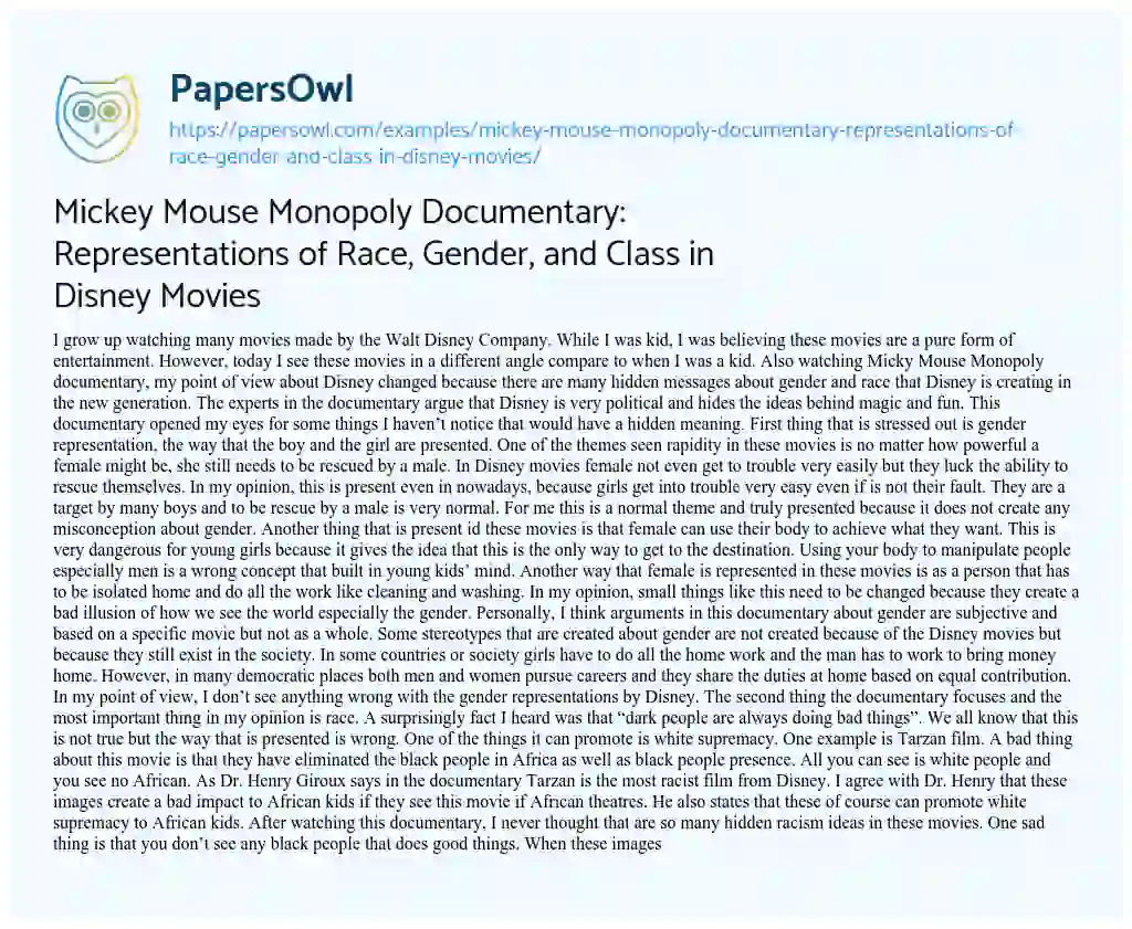 Essay on Mickey Mouse Monopoly Documentary: Representations of Race, Gender, and Class in Disney Movies