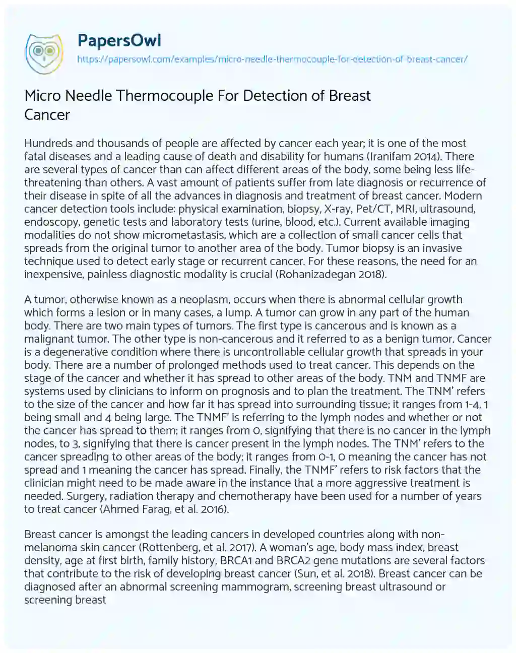 Essay on Micro Needle Thermocouple for Detection of Breast Cancer