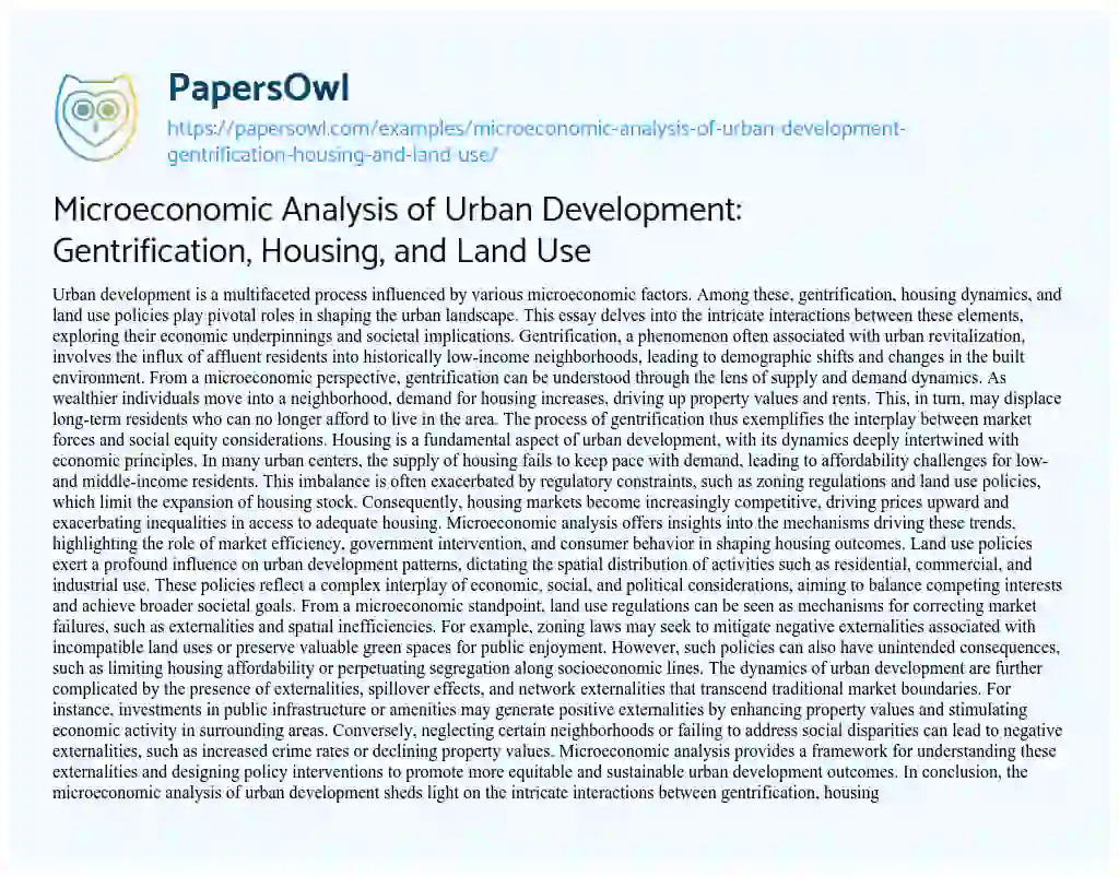 Essay on Microeconomic Analysis of Urban Development: Gentrification, Housing, and Land Use