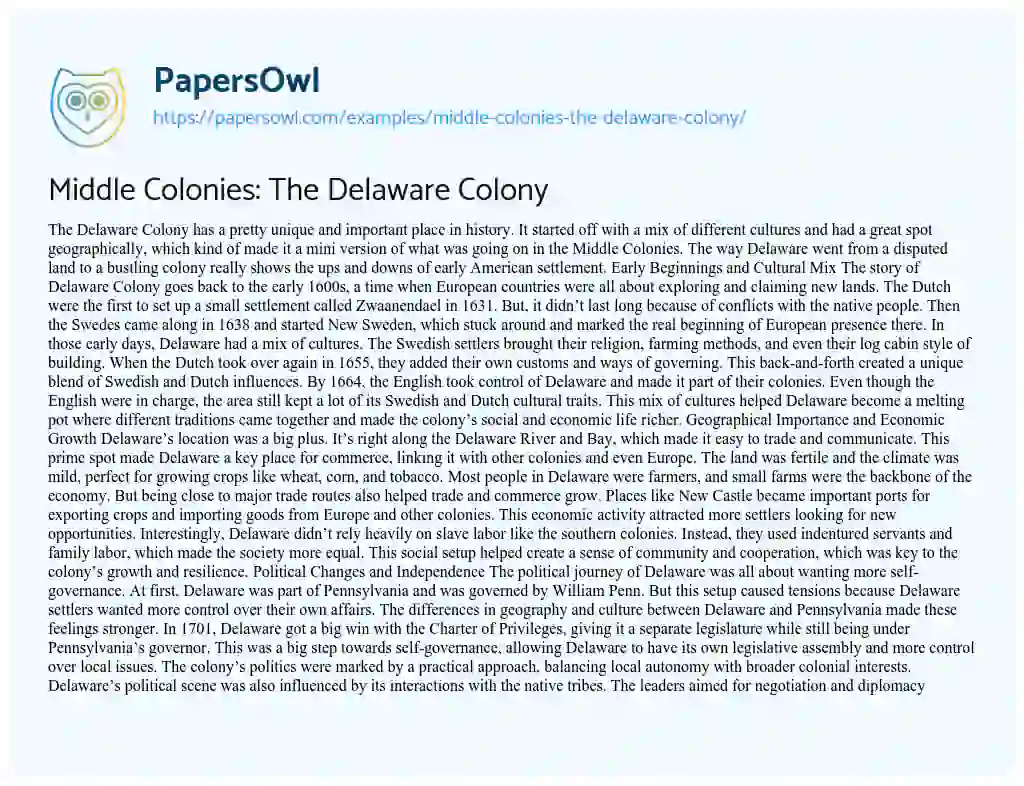 Essay on Middle Colonies: the Delaware Colony