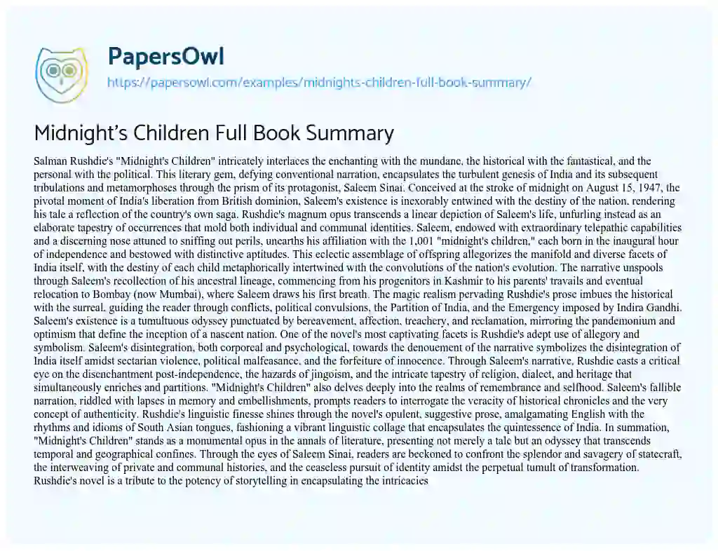 Essay on Midnight’s Children Full Book Summary