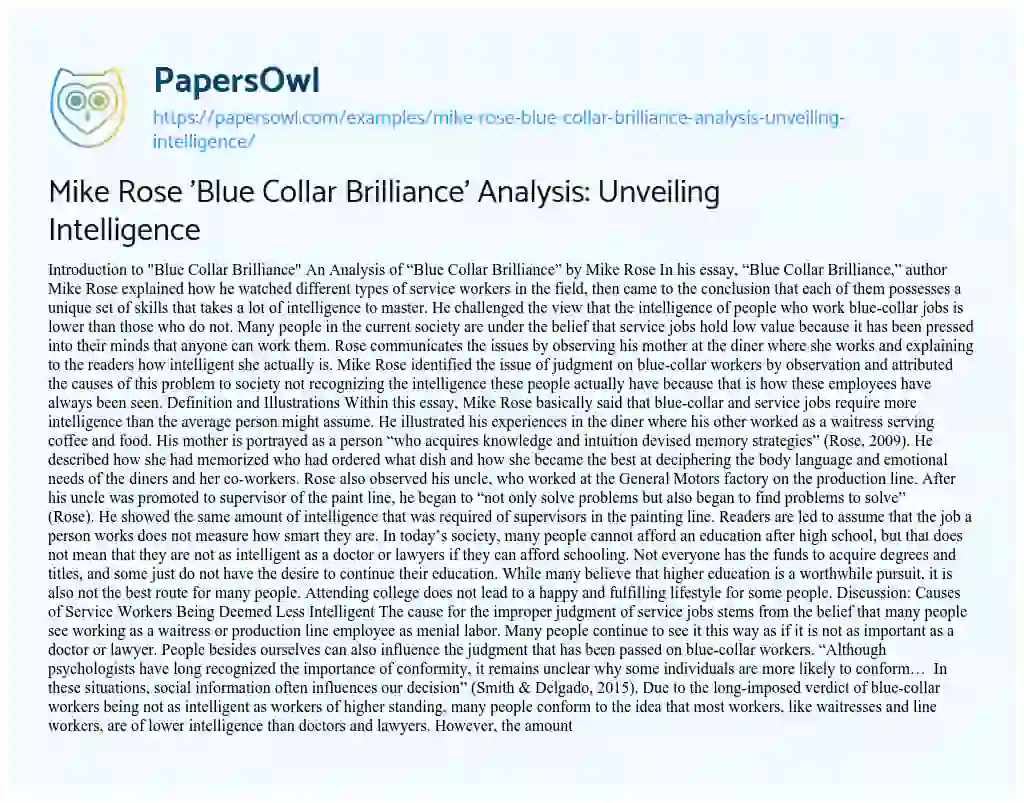 Essay on Mike Rose ‘Blue Collar Brilliance’ Analysis: Unveiling Intelligence