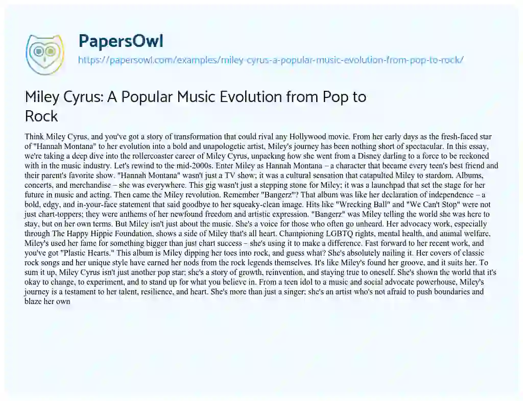 Essay on Miley Cyrus: a Popular Music Evolution from Pop to Rock