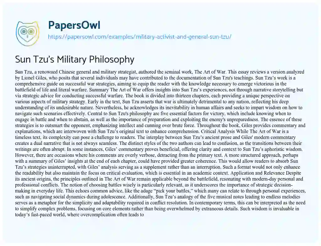 Essay on Military Activist and General Sun Tzu