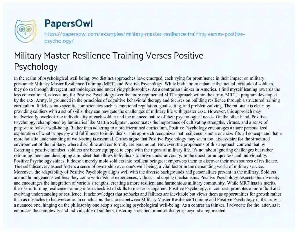 Essay on Military Master Resilience Training Verses Positive Psychology