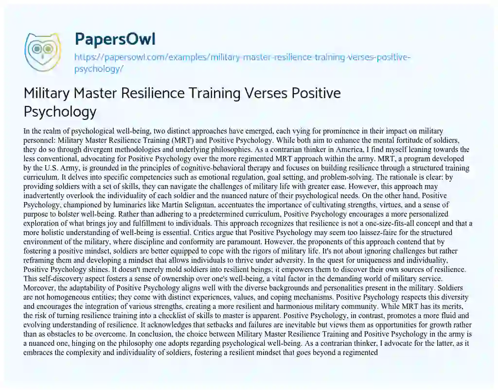 Military Master Resilience Training Verses Positive Psychology - Free ...