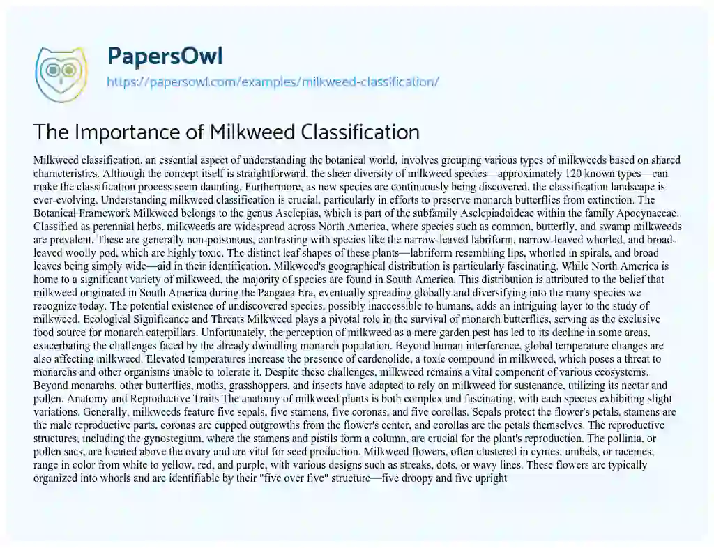 Essay on Milkweed Classification