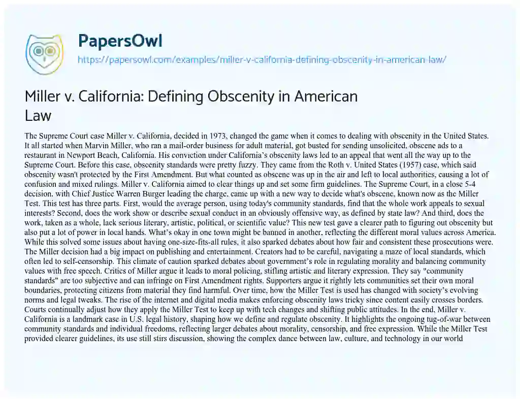 Essay on Miller V. California: Defining Obscenity in American Law