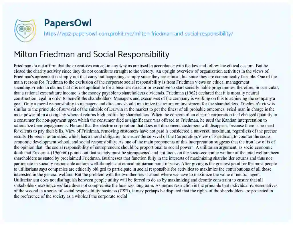 Milton Friedman and Social Responsibility essay