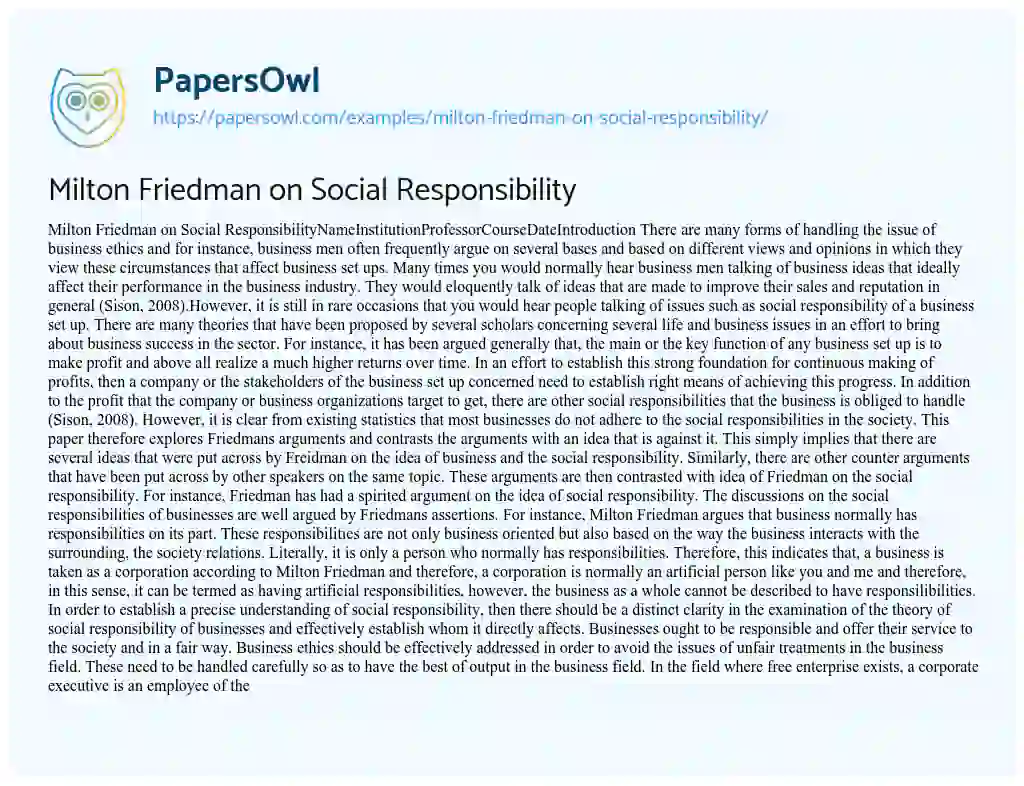 Essay on Milton Friedman on Social Responsibility