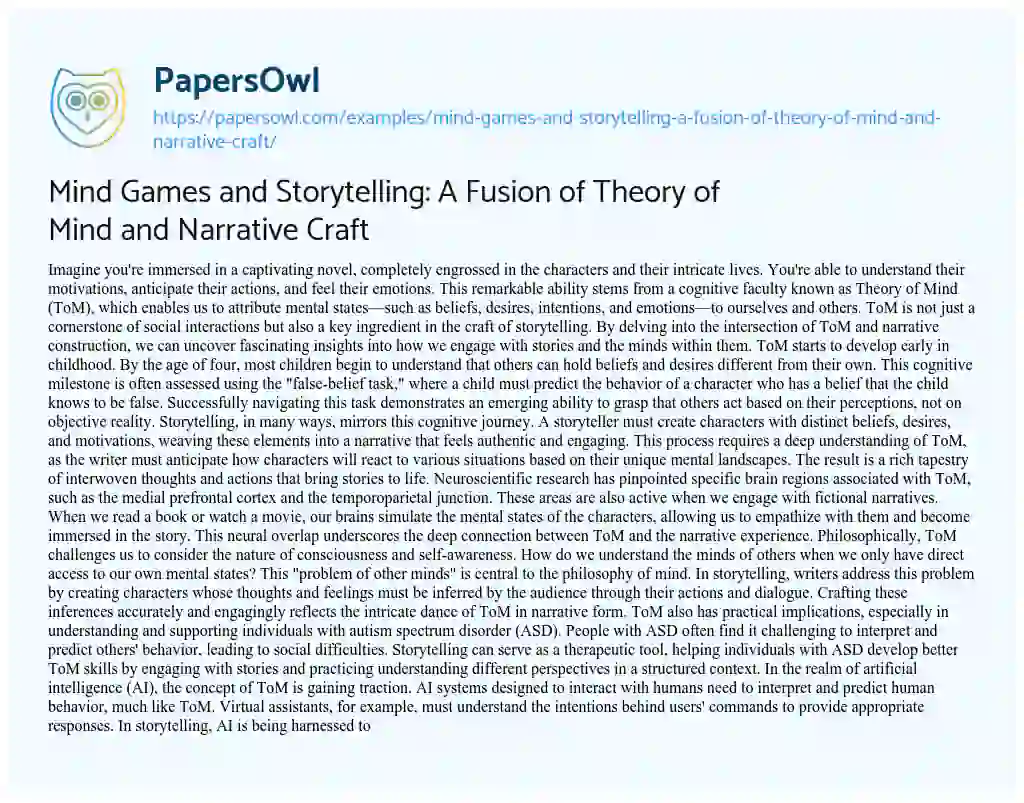 Essay on Mind Games and Storytelling: a Fusion of Theory of Mind and Narrative Craft