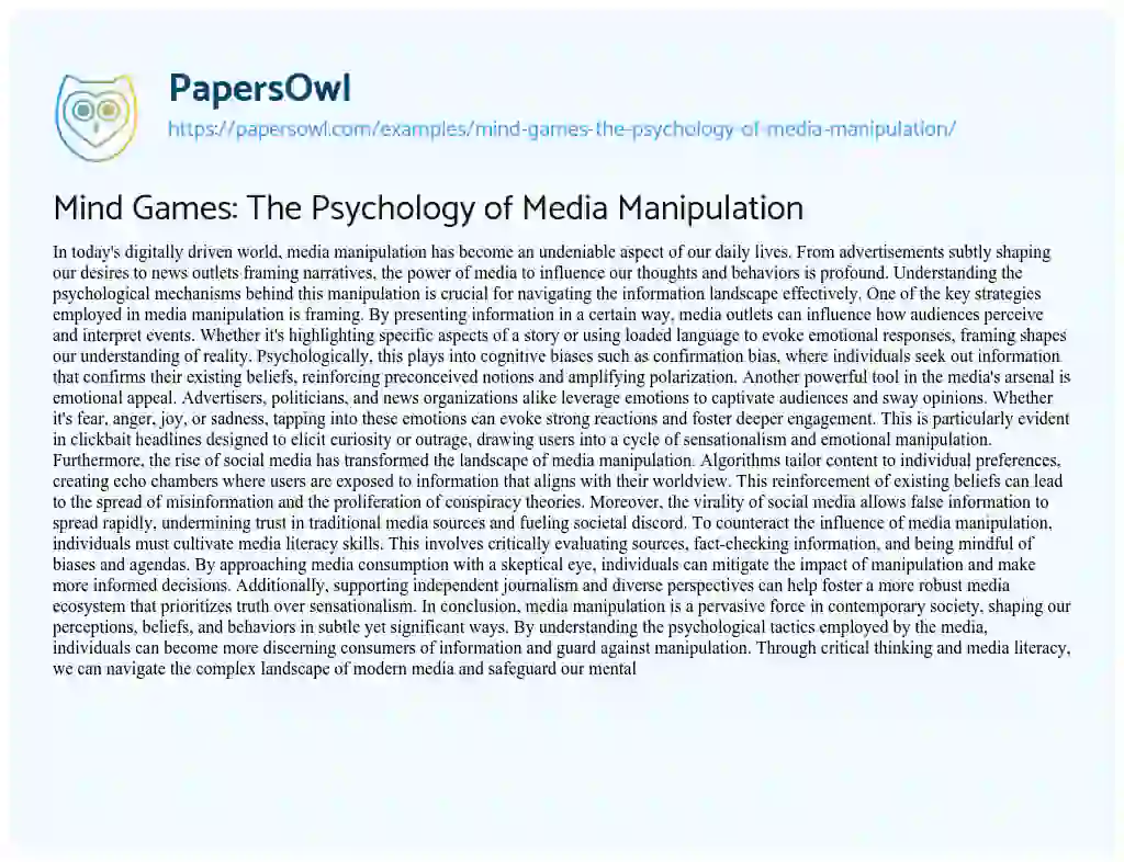 Essay on Mind Games: the Psychology of Media Manipulation