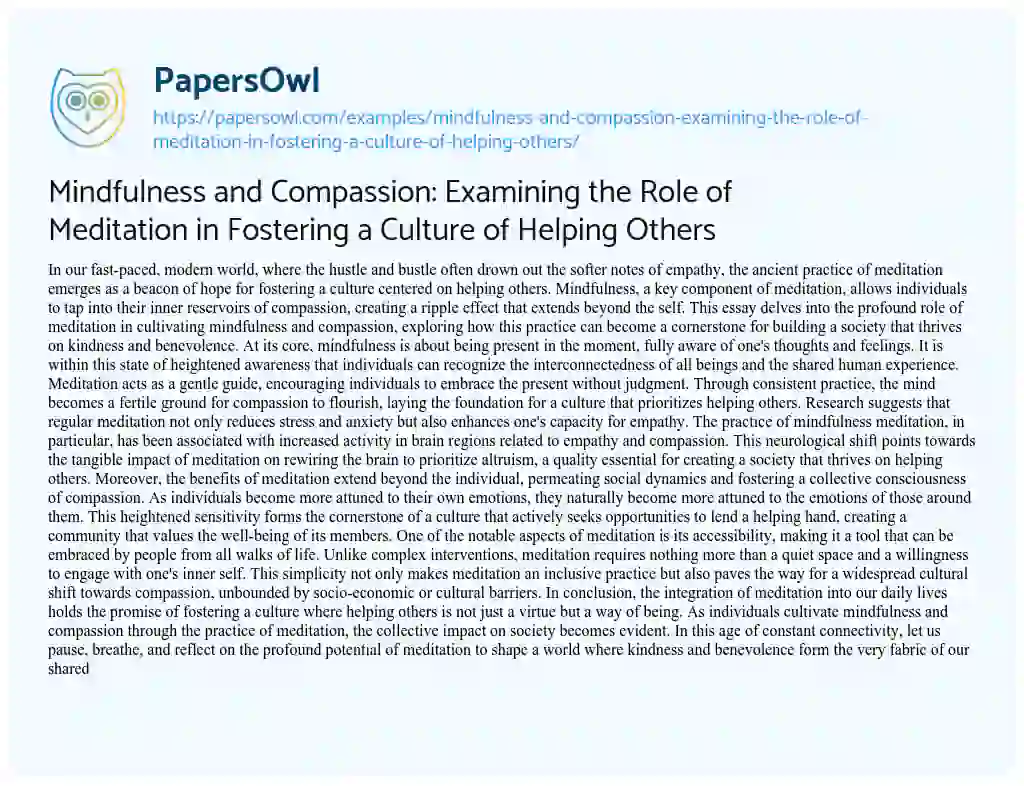 Essay on Mindfulness and Compassion: Examining the Role of Meditation in Fostering a Culture of Helping Others