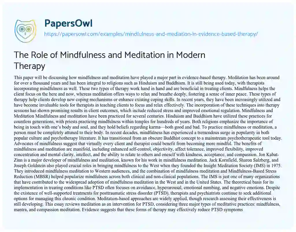 Essay on  Mindfulness and Mediation in Evidence-Based Therapy