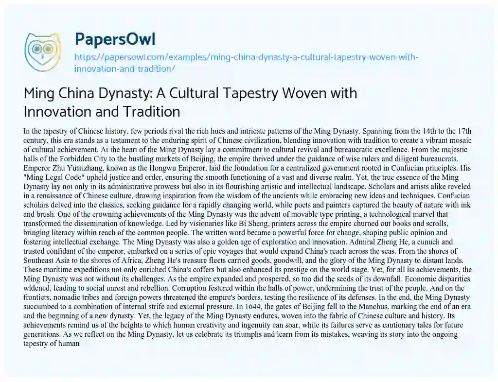 Essay on Ming China Dynasty: a Cultural Tapestry Woven with Innovation and Tradition