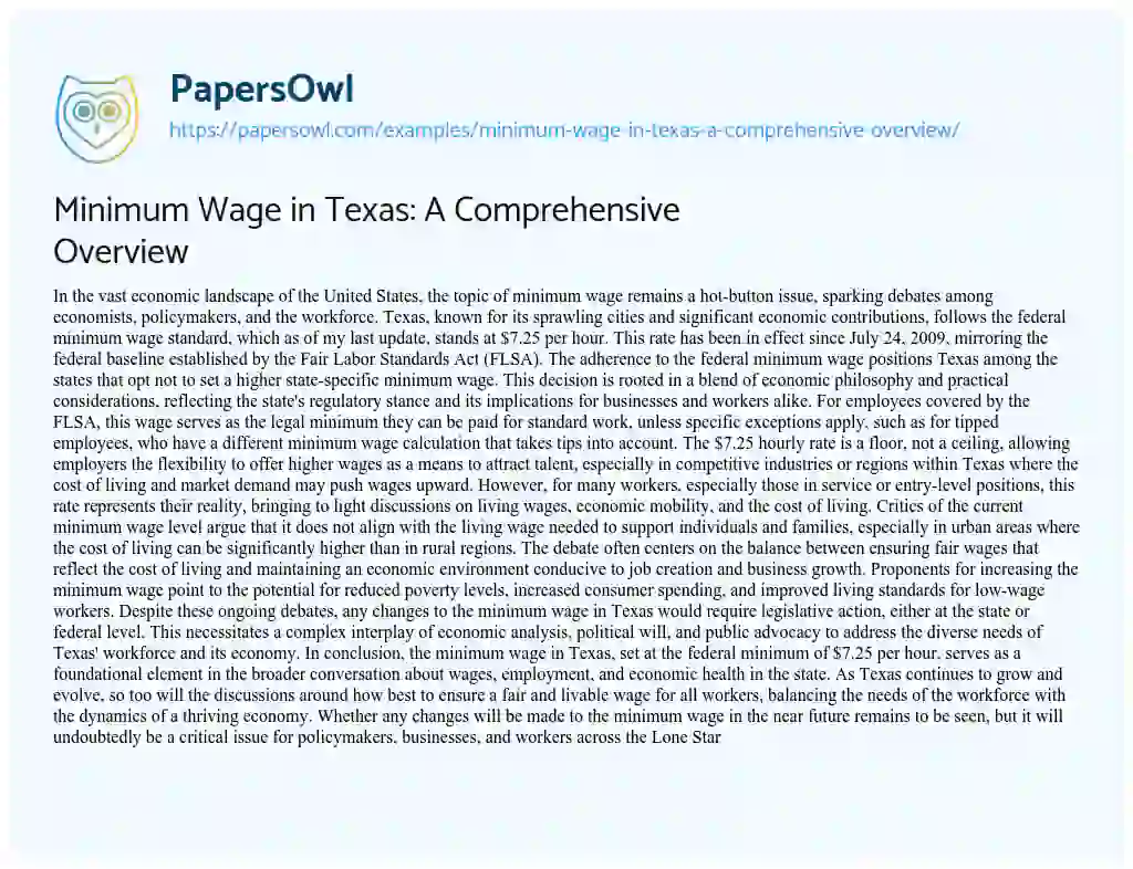 Essay on Minimum Wage in Texas: a Comprehensive Overview
